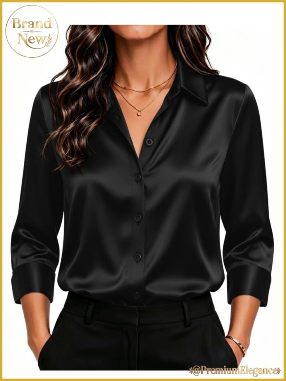 Satin Button Down Blouse 3/4 Sleeve Casual Work Top